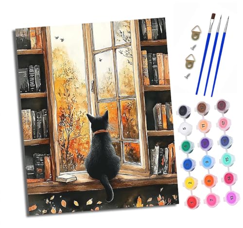 Malen nach Zahlen Erwachsene Schwarze Katze schaut aus dem Fenster DIY Handgemalt Ölgemälde Kit Paint by Numbers Adult Mit 3 - Pinseln und Acrylfarbe knitterfreie leinwand Kit - 40 X 50 CM von XXHXIE
