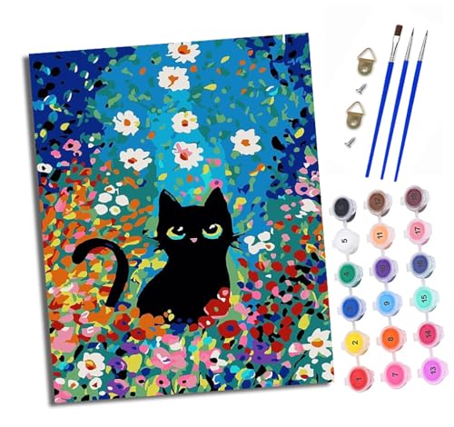 Malen nach Zahlen Erwachsene Schwarze Katze zwischen Blumen DIY Handgemalt Ölgemälde Kit Paint by Numbers Adult Mit 3 - Pinseln und Acrylfarbe knitterfreie leinwand Kit - 40 X 50 CM von XXHXIE