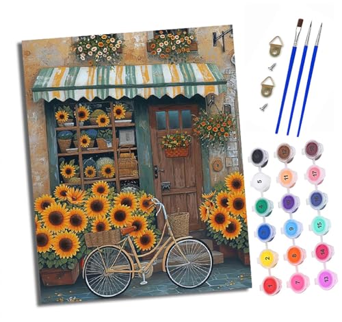 Malen nach Zahlen Erwachsene Sonnenblumenfahrrad DIY Handgemalt Ölgemälde Kit Paint by Numbers Adult Mit 3 - Pinseln und Acrylfarbe Knitterfreie Leinwand set - 40 X 50 CM von XXHXIE