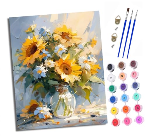 Malen nach Zahlen Erwachsene Sonnenblumenvase DIY Handgemalt Ölgemälde Kit Paint by Numbers Adult Mit 3 - Pinseln und Acrylfarbe Knitterfreie Leinwand set - 40 X 50 CM von XXHXIE
