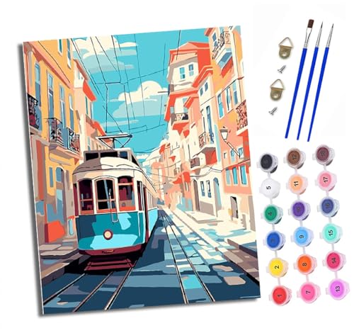 Malen nach Zahlen Erwachsene Straßenbahnen auf der Straße DIY Handgemalt Ölgemälde Kit Paint by Numbers Adult Mit 3 - Pinseln und Acrylfarbe Knitterfreie Leinwand set - 40 X 50 CM von XXHXIE
