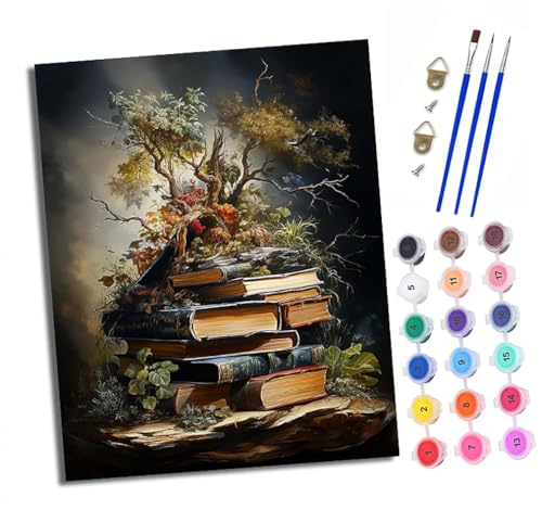 Malen nach Zahlen Erwachsene Symbiose aus Büchern und Pflanzen DIY Handgemalt Ölgemälde Kit Paint by Numbers Adult Mit 3 - Pinseln und Acrylfarbe Knitterfreie Leinwand set - 40 X 50 CM von XXHXIE