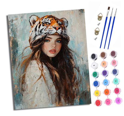Malen nach Zahlen Erwachsene Tigerhut Mädchen DIY Handgemalt Ölgemälde Kit Mit 3 - Pinseln und Acrylfarbe knitterfreie leinwand Kit - 40 X 50 CM Mit Rahmen von XXHXIE