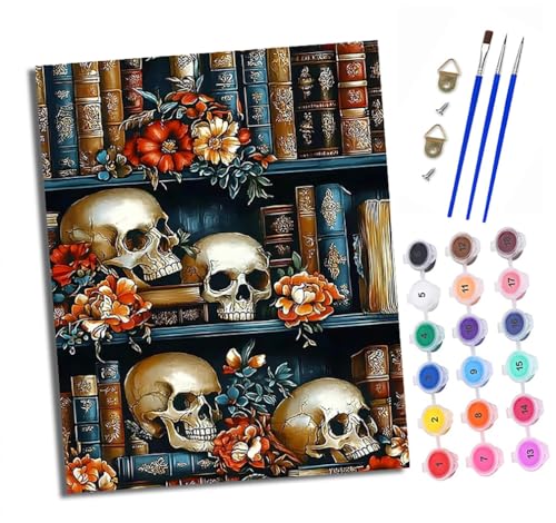 Malen nach Zahlen Erwachsene Totenkopf, Bücher und Blumen DIY Handgemalt Ölgemälde Kit Paint by Numbers Adult Mit 3 - Pinseln und Acrylfarbe Knitterfreie Leinwand set - 40 X 50 CM von XXHXIE