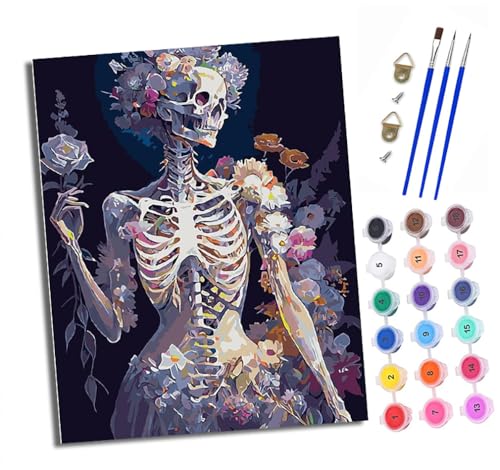Malen nach Zahlen Erwachsene Totenkopf mit Blumen geschmückt DIY Handgemalt Ölgemälde Kit Paint by Numbers Adult Mit 3 - Pinseln und Acrylfarbe Knitterfreie Leinwand set - 40 X 50 CM von XXHXIE