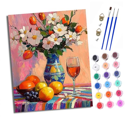 Malen nach Zahlen Erwachsene Vase, Weinglas, Obst DIY Handgemalt Ölgemälde Kit Paint by Numbers Adult Mit 3 - Pinseln und Acrylfarbe knitterfreie leinwand Kit - 40 X 50 CM von XXHXIE