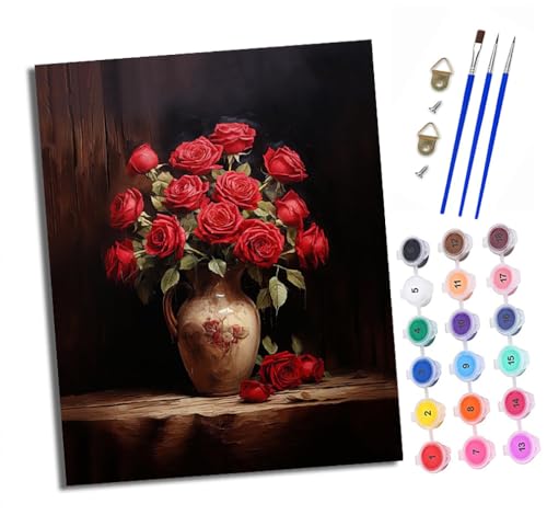 Malen nach Zahlen Erwachsene Vase mit roten Rosen DIY Handgemalt Ölgemälde Kit Paint by Numbers Adult Mit 3 - Pinseln und Acrylfarbe Knitterfreie Leinwand set - 40 X 50 CM von XXHXIE