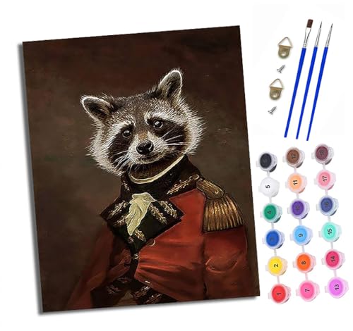 Malen nach Zahlen Erwachsene Waschbär in Militäruniform DIY Handgemalt Ölgemälde Kit Mit 3 - Pinseln und Acrylfarbe Knitterfreie Leinwand set - 40 X 50 CM Mit Rahmen von XXHXIE