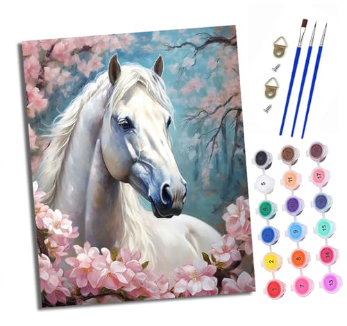 Malen nach Zahlen Erwachsene Weißes Pferd zwischen Blumen DIY Handgemalt Ölgemälde Kit Paint by Numbers Adult Mit 3 - Pinseln und Acrylfarbe Knitterfreie Leinwand set - 40 X 50 CM von XXHXIE
