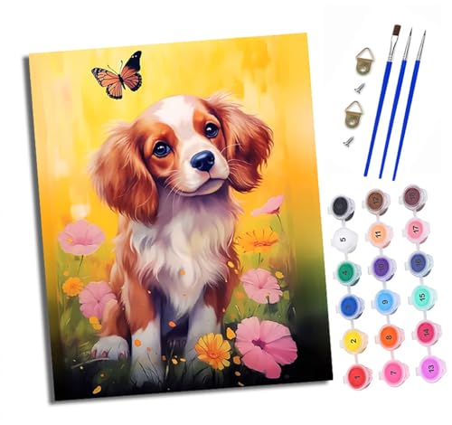 Malen nach Zahlen Erwachsene Welpe in den Blumen DIY Handgemalt Ölgemälde Kit Paint by Numbers Adult Mit 3 - Pinseln und Acrylfarbe Knitterfreie Leinwand set - 40 X 50 CM von XXHXIE