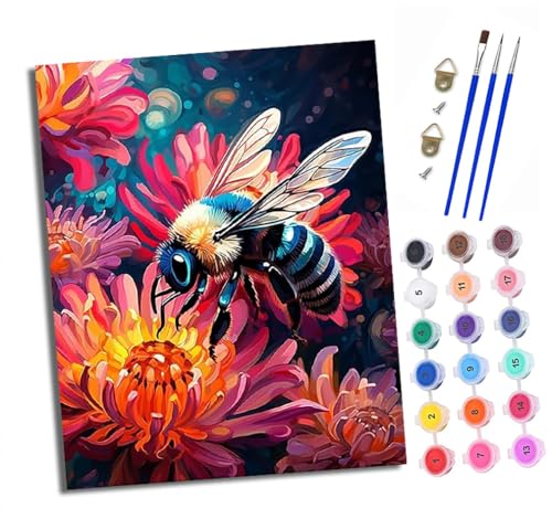 XXHXIE Malen Nach Zahlen Erwachsene-DIY Handgemalt Ölgemälde KitBienen sammeln Nektar von Blumen für Anfänger Mit 3-Pinseln und Acrylfarbe Handgemalt öLgemäLde Kit Als Geschenk 40x50cm (Rahmenlos) von XXHXIE