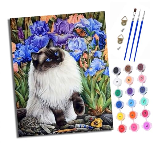 XXHXIE Malen Nach Zahlen Erwachsene-DIY Handgemalt Ölgemälde KitBlauäugige Katze in Blumen für Anfänger Mit 3-Pinseln und Acrylfarbe Handgemalt öLgemäLde Kit Als Geschenk 40x50cm (Mit Rahmen) von XXHXIE