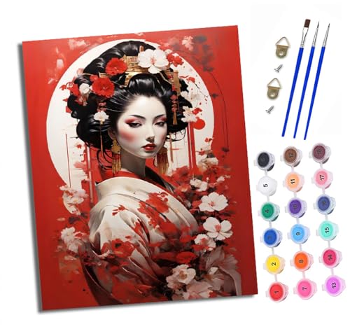 XXHXIE Malen Nach Zahlen Erwachsene-DIY Handgemalt Ölgemälde KitBlumen Japanisches Mädchen für Anfänger Mit 3-Pinseln und Acrylfarbe Handgemalt öLgemäLde Kit Als Geschenk 40x50cm (Rahmenlos) von XXHXIE