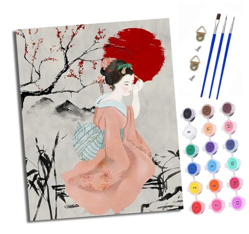 XXHXIE Malen Nach Zahlen Erwachsene-DIY Handgemalt Ölgemälde KitBlumen Japanisches Mädchen für Anfänger Mit 3-Pinseln und Acrylfarbe Handgemalt öLgemäLde Kit Als Geschenk 40x50cm (Rahmenlos) von XXHXIE