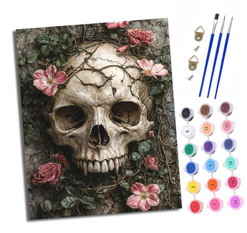 XXHXIE Malen Nach Zahlen Erwachsene-DIY Handgemalt Ölgemälde KitBlumenrankenschädel für Anfänger Mit 3-Pinseln und Acrylfarbe Handgemalt öLgemäLde Kit Als Geschenk 40x50cm (Rahmenlos) von XXHXIE