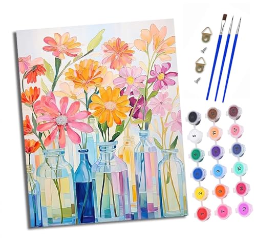 XXHXIE Malen Nach Zahlen Erwachsene-DIY Handgemalt Ölgemälde KitBlumenstrauß in einer Vase für Anfänger Mit 3-Pinseln und Acrylfarbe Handgemalt öLgemäLde Kit Als Geschenk 40x50cm (Rahmenlos) von XXHXIE