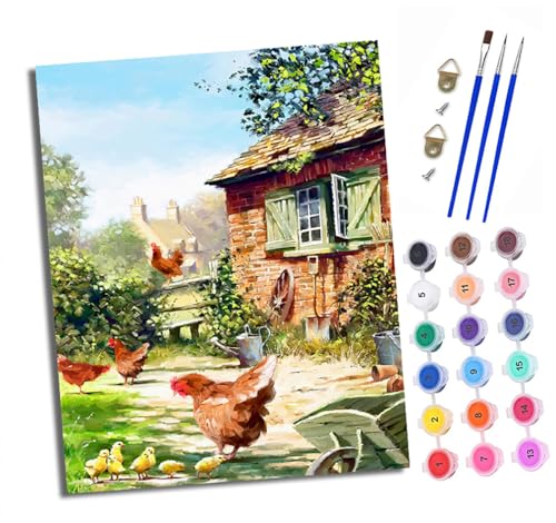 XXHXIE Malen Nach Zahlen Erwachsene-DIY Handgemalt Ölgemälde KitBunte Hirtenhühner für Anfänger Mit 3-Pinseln und Acrylfarbe Handgemalt öLgemäLde Kit Als Geschenk 40x50cm (Mit Rahmen) von XXHXIE