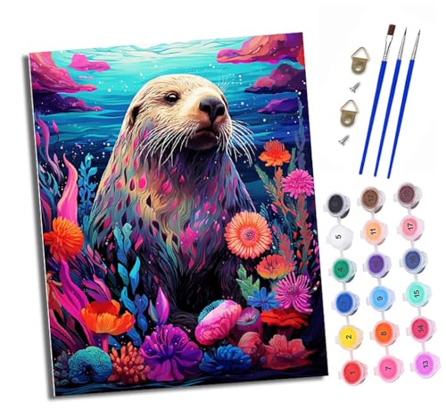 XXHXIE Malen Nach Zahlen Erwachsene-DIY Handgemalt Ölgemälde KitBunte Seeotter für Anfänger Mit 3-Pinseln und Acrylfarbe Handgemalt öLgemäLde Kit Als Geschenk 40x50cm (Rahmenlos) von XXHXIE
