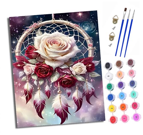 XXHXIE Malen Nach Zahlen Erwachsene-DIY Handgemalt Ölgemälde KitBunter Blumen-Traumfänger für Anfänger Mit 3-Pinseln und Acrylfarbe Handgemalt öLgemäLde Kit Als Geschenk 40x50cm (Mit Rahmen) von XXHXIE