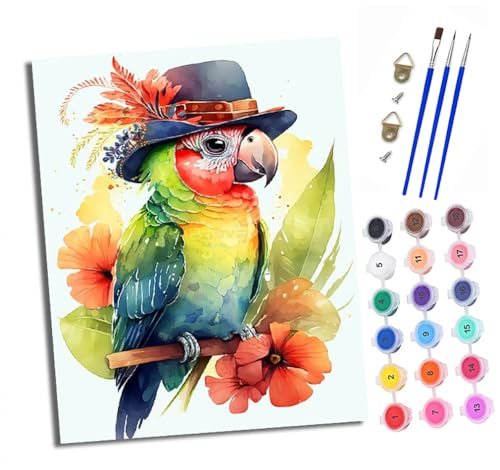 XXHXIE Malen Nach Zahlen Erwachsene-DIY Handgemalt Ölgemälde KitBunter Papagei mit Hut für Anfänger Mit 3-Pinseln und Acrylfarbe Handgemalt öLgemäLde Kit Als Geschenk 40x50cm (Mit Rahmen) von XXHXIE