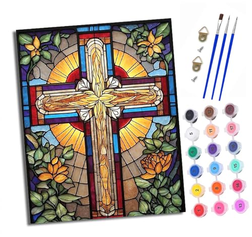 XXHXIE Malen Nach Zahlen Erwachsene-DIY Handgemalt Ölgemälde KitBuntglas-Kreuzfenster für Anfänger Mit 3-Pinseln und Acrylfarbe Handgemalt öLgemäLde Kit Als Geschenk 40x50cm (Rahmenlos) von XXHXIE
