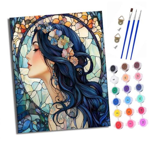 XXHXIE Malen Nach Zahlen Erwachsene-DIY Handgemalt Ölgemälde KitBuntglas langhaarige Frau für Anfänger Mit 3-Pinseln und Acrylfarbe Handgemalt öLgemäLde Kit Als Geschenk 40x50cm (Mit Rahmen) von XXHXIE