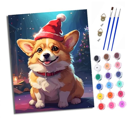 XXHXIE Malen Nach Zahlen Erwachsene-DIY Handgemalt Ölgemälde KitCorgi mit Weihnachtsmütze für Anfänger Mit 3-Pinseln und Acrylfarbe Handgemalt öLgemäLde Kit Als Geschenk 40x50cm (Mit Rahmen) von XXHXIE