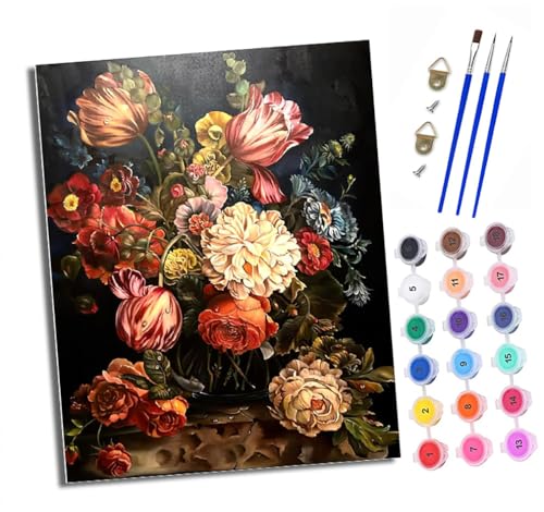 XXHXIE Malen Nach Zahlen Erwachsene-DIY Handgemalt Ölgemälde KitDunkler Hintergrund mit Blumen für Anfänger Mit 3-Pinseln und Acrylfarbe Handgemalt öLgemäLde Kit Als Geschenk 40x50cm (Rahmenlos) von XXHXIE