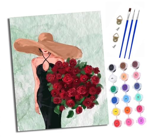 XXHXIE Malen Nach Zahlen Erwachsene-DIY Handgemalt Ölgemälde KitFrau mit Rosen für Anfänger Mit 3-Pinseln und Acrylfarbe Handgemalt öLgemäLde Kit Als Geschenk 40x50cm (Mit Rahmen) von XXHXIE