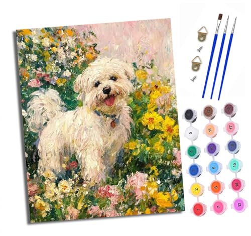XXHXIE Malen Nach Zahlen Erwachsene-DIY Handgemalt Ölgemälde KitGarten-Bichon Frisé für Anfänger Mit 3-Pinseln und Acrylfarbe Handgemalt öLgemäLde Kit Als Geschenk 40x50cm (Rahmenlos) von XXHXIE