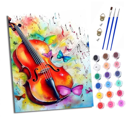 XXHXIE Malen Nach Zahlen Erwachsene-DIY Handgemalt Ölgemälde KitGeige umgeben von Schmetterlingen für Anfänger Mit 3-Pinseln und Acrylfarbe Handgemalt öLgemäLde Kit Als Geschenk 40x50cm (Rahmenlos) von XXHXIE