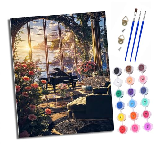 XXHXIE Malen Nach Zahlen Erwachsene-DIY Handgemalt Ölgemälde KitGlaszimmer mit Meerblick für Anfänger Mit 3-Pinseln und Acrylfarbe Handgemalt öLgemäLde Kit Als Geschenk 40x50cm (Rahmenlos) von XXHXIE