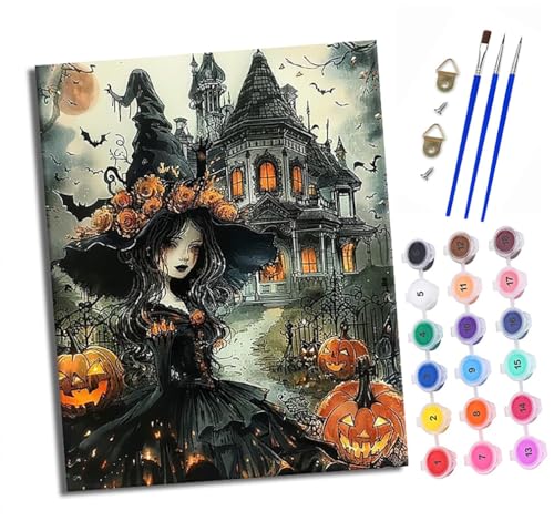 XXHXIE Malen Nach Zahlen Erwachsene-DIY Handgemalt Ölgemälde KitHalloween-Hexe für Anfänger Mit 3-Pinseln und Acrylfarbe Handgemalt öLgemäLde Kit Als Geschenk 40x50cm (Rahmenlos) von XXHXIE