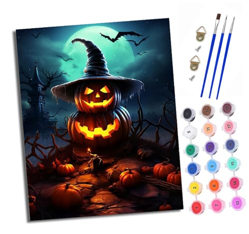 XXHXIE Malen Nach Zahlen Erwachsene-DIY Handgemalt Ölgemälde KitHalloween-Kürbislaternenszene für Anfänger Mit 3-Pinseln und Acrylfarbe Handgemalt öLgemäLde Kit Als Geschenk 40x50cm (Rahmenlos) von XXHXIE