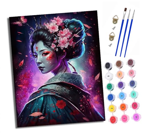 XXHXIE Malen Nach Zahlen Erwachsene-DIY Handgemalt Ölgemälde KitJapanische Geisha-Blumen für Anfänger Mit 3-Pinseln und Acrylfarbe Handgemalt öLgemäLde Kit Als Geschenk 40x50cm (Rahmenlos) von XXHXIE