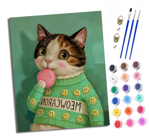 XXHXIE Malen Nach Zahlen Erwachsene-DIY Handgemalt Ölgemälde KitKatze isst Macarons für Anfänger Mit 3-Pinseln und Acrylfarbe Handgemalt öLgemäLde Kit Als Geschenk 40x50cm (Rahmenlos) von XXHXIE