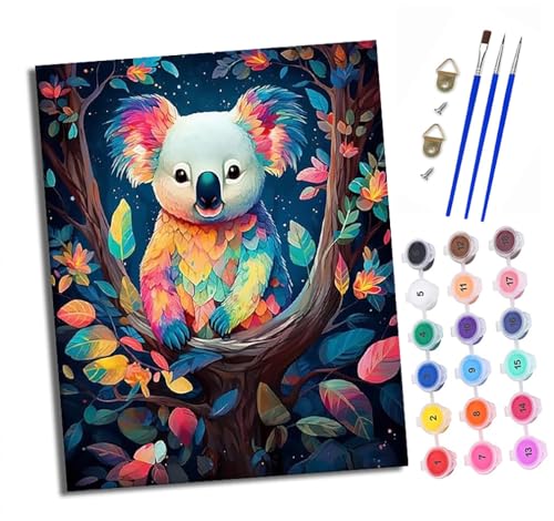 XXHXIE Malen Nach Zahlen Erwachsene-DIY Handgemalt Ölgemälde KitKoala und bunter Baum für Anfänger Mit 3-Pinseln und Acrylfarbe Handgemalt öLgemäLde Kit Als Geschenk 40x50cm (Rahmenlos) von XXHXIE