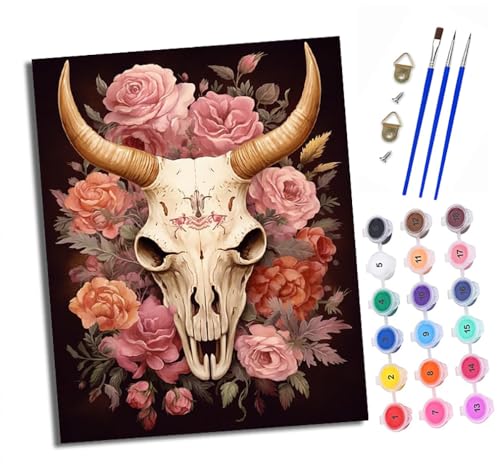 XXHXIE Malen Nach Zahlen Erwachsene-DIY Handgemalt Ölgemälde KitKuhschädel zwischen Blumen für Anfänger Mit 3-Pinseln und Acrylfarbe Handgemalt öLgemäLde Kit Als Geschenk 40x50cm (Rahmenlos) von XXHXIE