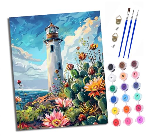 XXHXIE Malen Nach Zahlen Erwachsene-DIY Handgemalt Ölgemälde KitLeuchtturm im Blumenmeer für Anfänger Mit 3-Pinseln und Acrylfarbe Handgemalt öLgemäLde Kit Als Geschenk 40x50cm (Rahmenlos) von XXHXIE