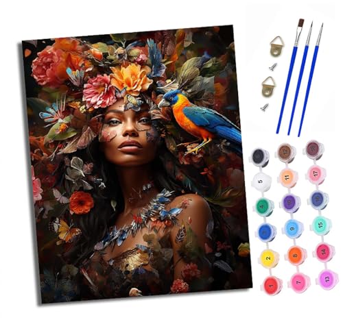XXHXIE Malen Nach Zahlen Erwachsene-DIY Handgemalt Ölgemälde KitMädchen mit Blumen- und Vogeldeko für Anfänger Mit 3-Pinseln und Acrylfarbe Handgemalt öLgemäLde Kit Als Geschenk 40x50cm (Rahmenlos) von XXHXIE