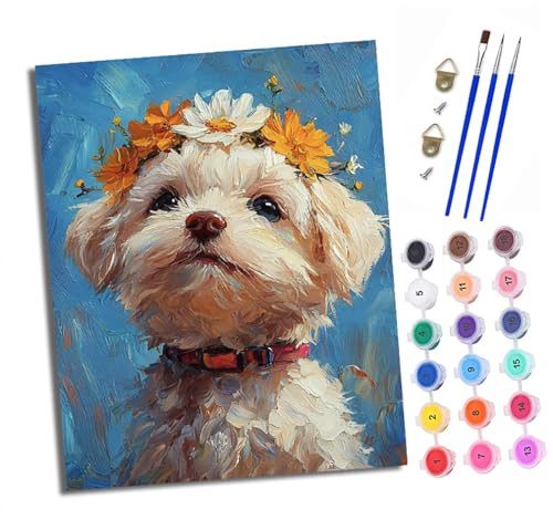 XXHXIE Malen Nach Zahlen Erwachsene-DIY Handgemalt Ölgemälde KitNiedlicher Welpe mit Kranz für Anfänger Mit 3-Pinseln und Acrylfarbe Handgemalt öLgemäLde Kit Als Geschenk 40x50cm (Rahmenlos) von XXHXIE