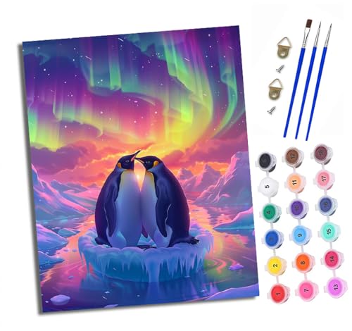 XXHXIE Malen Nach Zahlen Erwachsene-DIY Handgemalt Ölgemälde KitPinguinpaar unter der Aurora für Anfänger Mit 3-Pinseln und Acrylfarbe Handgemalt öLgemäLde Kit Als Geschenk 40x50cm (Rahmenlos) von XXHXIE