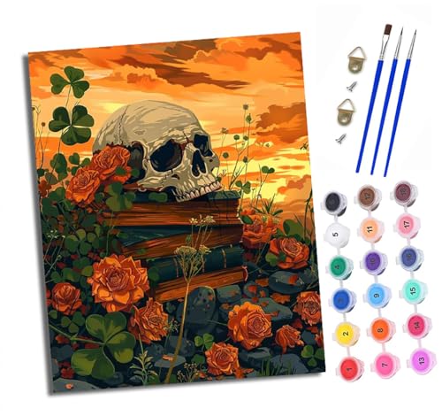 XXHXIE Malen Nach Zahlen Erwachsene-DIY Handgemalt Ölgemälde KitSchädel auf Buch für Anfänger Mit 3-Pinseln und Acrylfarbe Handgemalt öLgemäLde Kit Als Geschenk 40x50cm (Rahmenlos) von XXHXIE