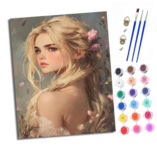 XXHXIE Malen Nach Zahlen Erwachsene-DIY Handgemalt Ölgemälde KitSchönes Mädchen mit Blumen für Anfänger Mit 3-Pinseln und Acrylfarbe Handgemalt öLgemäLde Kit Als Geschenk 40x50cm (Rahmenlos) von XXHXIE