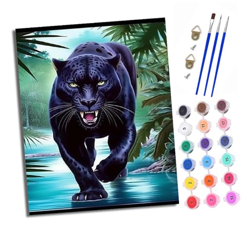 XXHXIE Malen Nach Zahlen Erwachsene-DIY Handgemalt Ölgemälde KitSchwarzer Panther im Wasser für Anfänger Mit 3-Pinseln und Acrylfarbe Handgemalt öLgemäLde Kit Als Geschenk 40x50cm (Rahmenlos) von XXHXIE