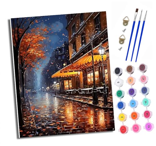 XXHXIE Malen Nach Zahlen Erwachsene-DIY Handgemalt Ölgemälde KitStadtstraßen in der Herbstnacht für Anfänger Mit 3-Pinseln und Acrylfarbe Handgemalt öLgemäLde Kit Als Geschenk 40x50cm (Rahmenlos) von XXHXIE