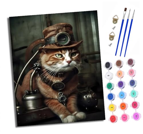 XXHXIE Malen Nach Zahlen Erwachsene-DIY Handgemalt Ölgemälde KitSteampunk-Katze für Anfänger Mit 3-Pinseln und Acrylfarbe Handgemalt öLgemäLde Kit Als Geschenk 40x50cm (Mit Rahmen) von XXHXIE