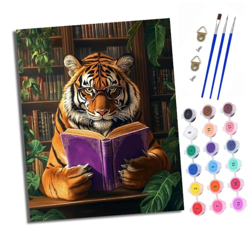 XXHXIE Malen Nach Zahlen Erwachsene-DIY Handgemalt Ölgemälde KitTiger liest ein Buch für Anfänger Mit 3-Pinseln und Acrylfarbe Handgemalt öLgemäLde Kit Als Geschenk 40x50cm (Rahmenlos) von XXHXIE