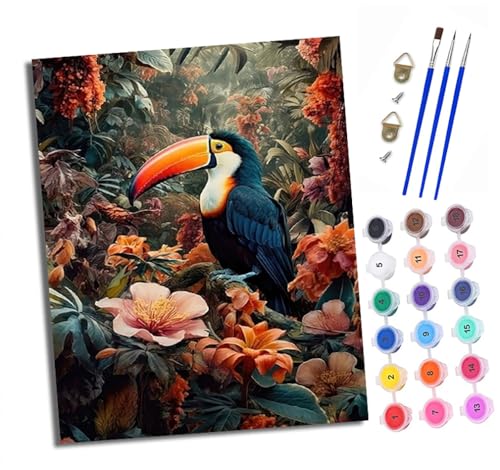 XXHXIE Malen Nach Zahlen Erwachsene-DIY Handgemalt Ölgemälde KitTukan in den Blumen für Anfänger Mit 3-Pinseln und Acrylfarbe Handgemalt öLgemäLde Kit Als Geschenk 40x50cm (Mit Rahmen) von XXHXIE
