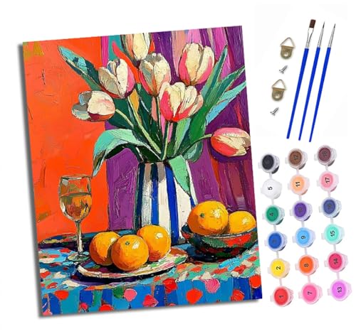 XXHXIE Malen Nach Zahlen Erwachsene-DIY Handgemalt Ölgemälde KitTulpen-Orangen-Weinglas für Anfänger Mit 3-Pinseln und Acrylfarbe Handgemalt öLgemäLde Kit Als Geschenk 40x50cm (Rahmenlos) von XXHXIE